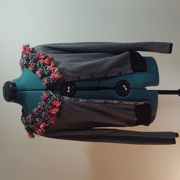 Anthropologie Karen Nicol Sweaters - Anthropologie Karen Nicol Black and Gray Striped Cardigan Pompom Collar Sz M